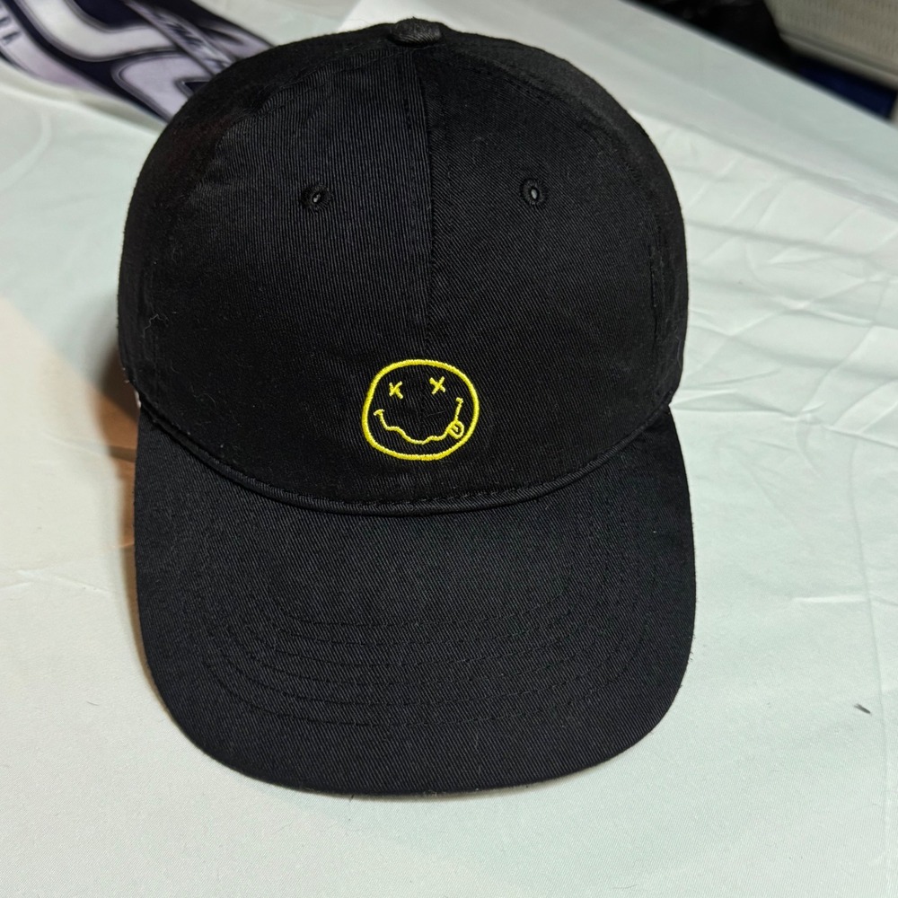 Nirvana Smiley Face Hat Black Yellow Embroidered Adjustable 2018 Grunge
